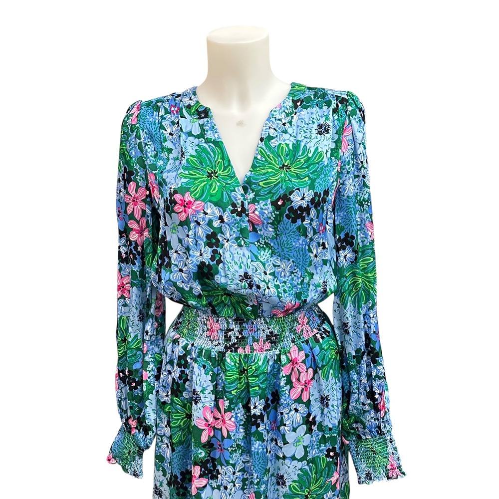 Lilly Pulitzer Loubella Smocked Midi Multi Floral Dress Soiree All Day sz 4 NEW - Picture 2 of 9